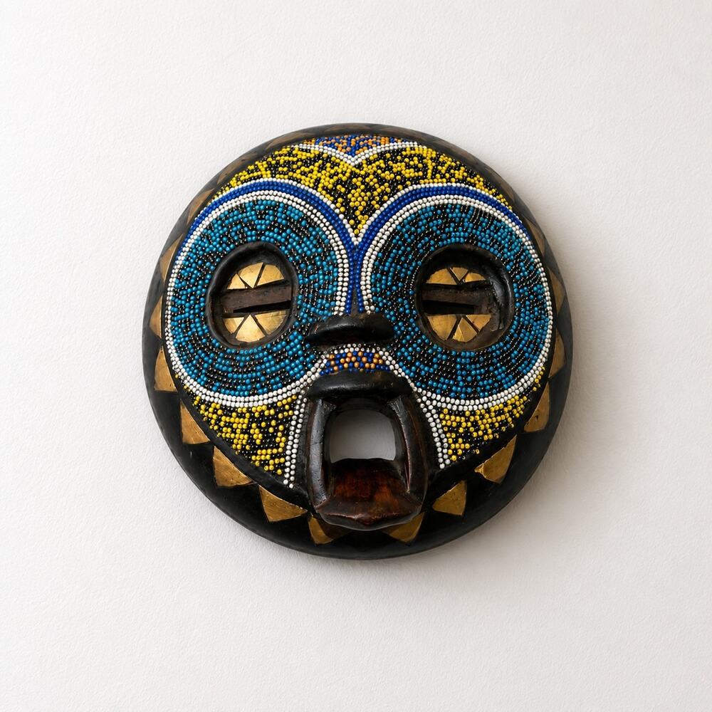 Vintage African Beaded Wood Wall Mask Round Hand Carved Tribal Folk Art Ghana